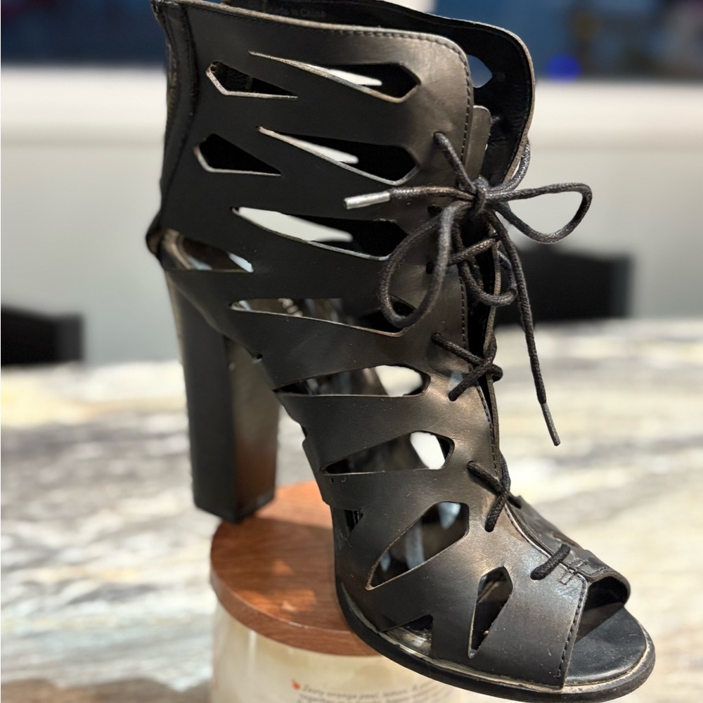 Call It Spring Black Lace-Up Cutout Heels 3.5” Chunky Heel